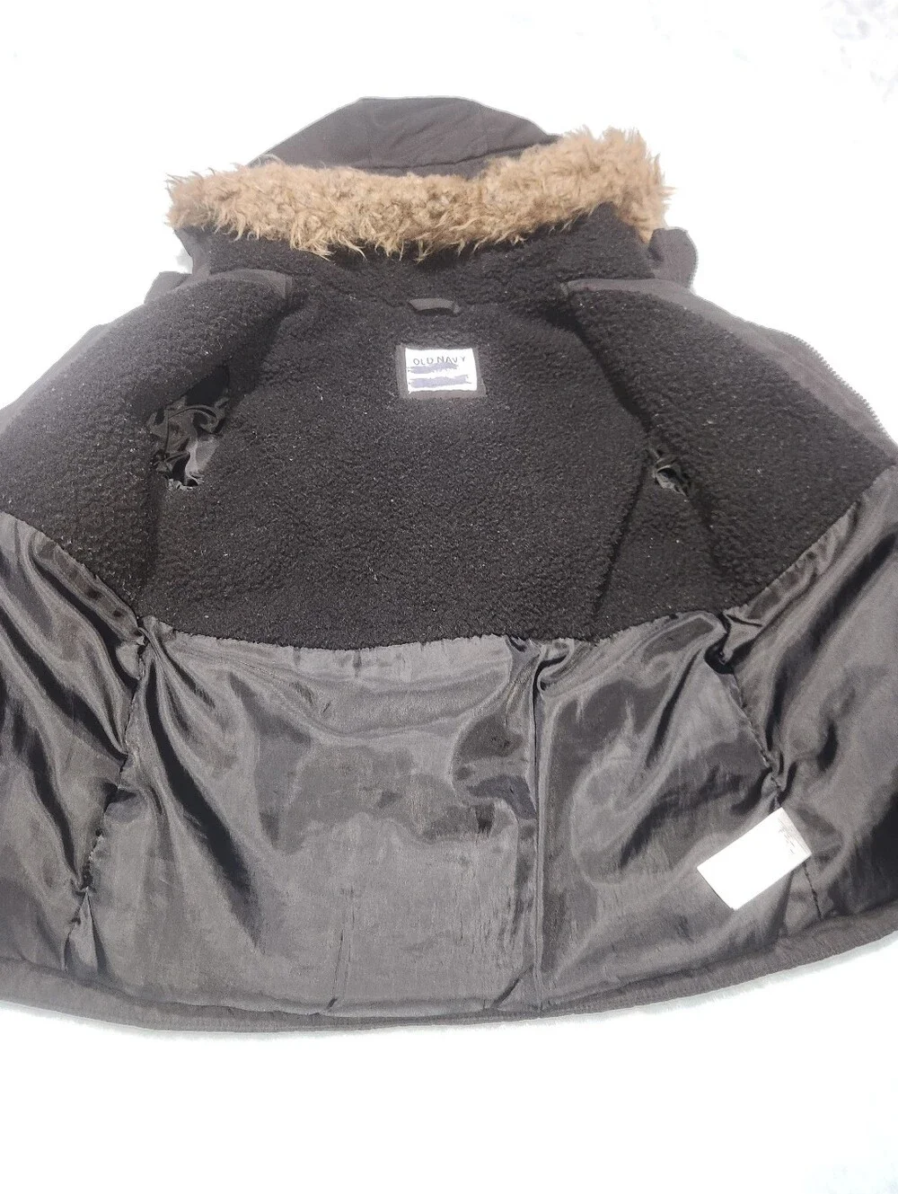 Old Navy Kids Black Hooded Puffer Coat with Faux Fur Trim